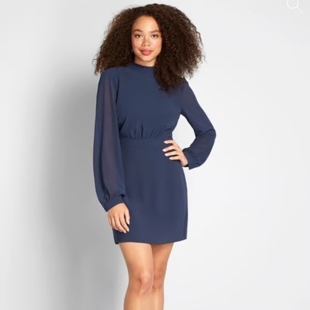 New ModCloth Size 8 Ruffle Trim Navy Blue Sheer Long Sleeve Mini Dres
